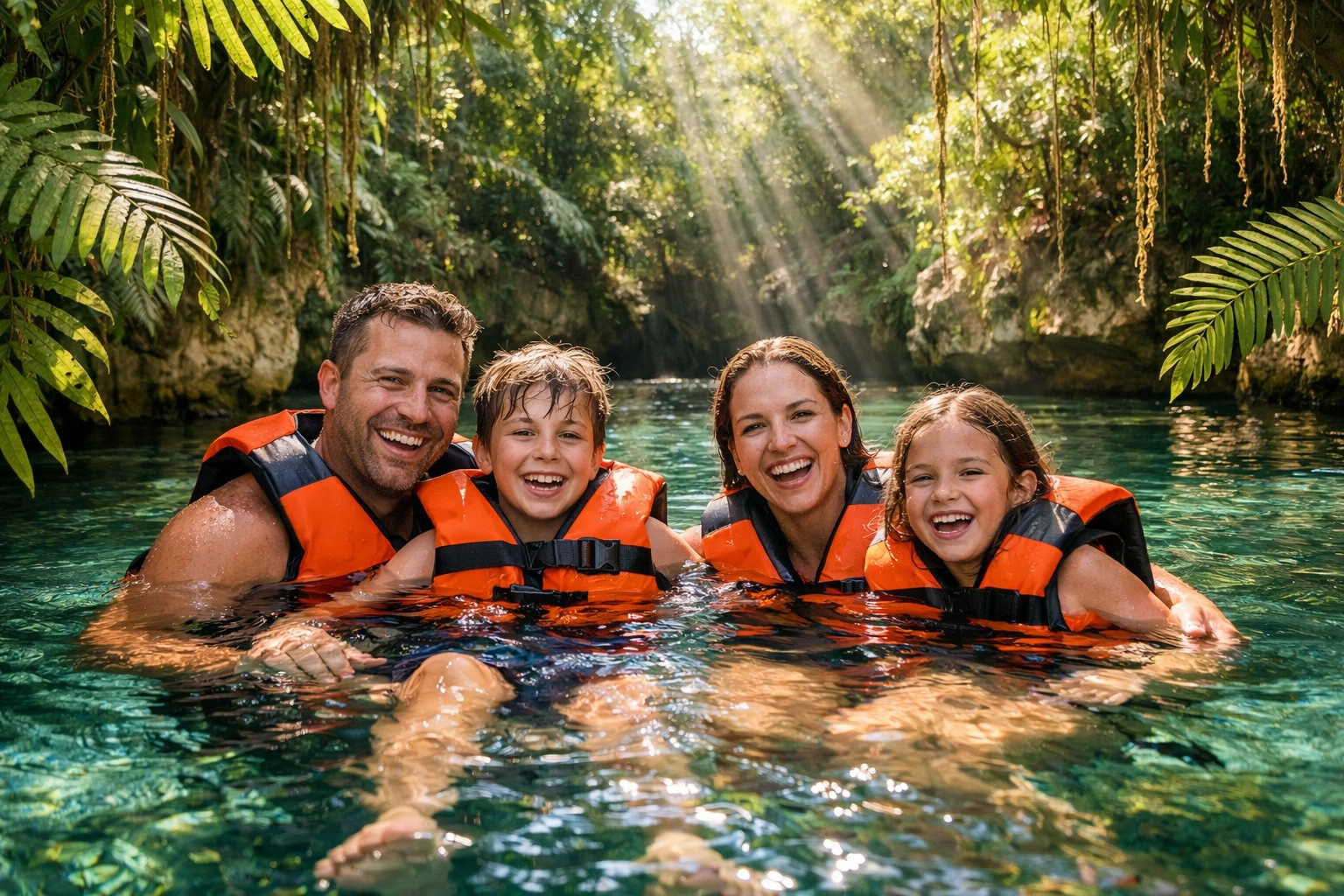 Happy family swimming in a crystal-clear jungle river at a tropical eco-park.