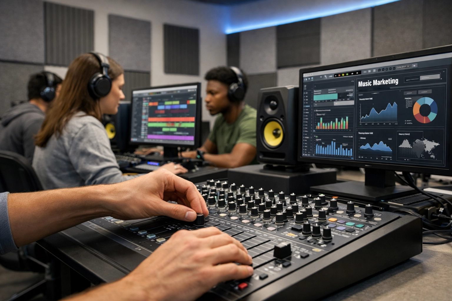 Students at Tunes On Top Academy using professional music production and marketing software in a modern lab.