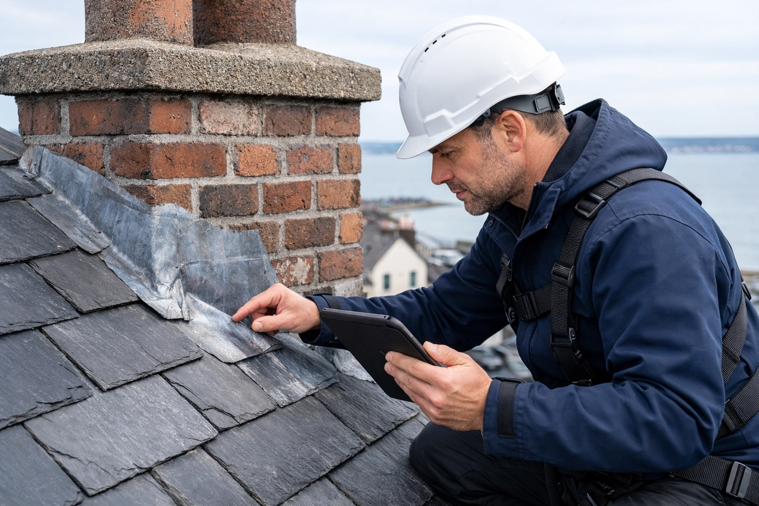 Professional roof survey in Bangor: Specialist inspecting chimney flashing on a slate roof for a digital report.
