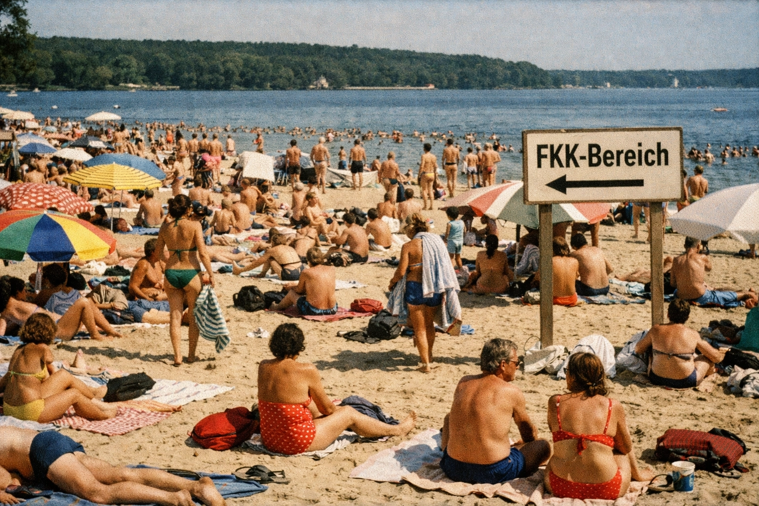 Strandbad Wannsee on a peak-heat weekend—packed sand, retro beach energy, and a big FKK zone that’s less sexy fantasy and more normal life.