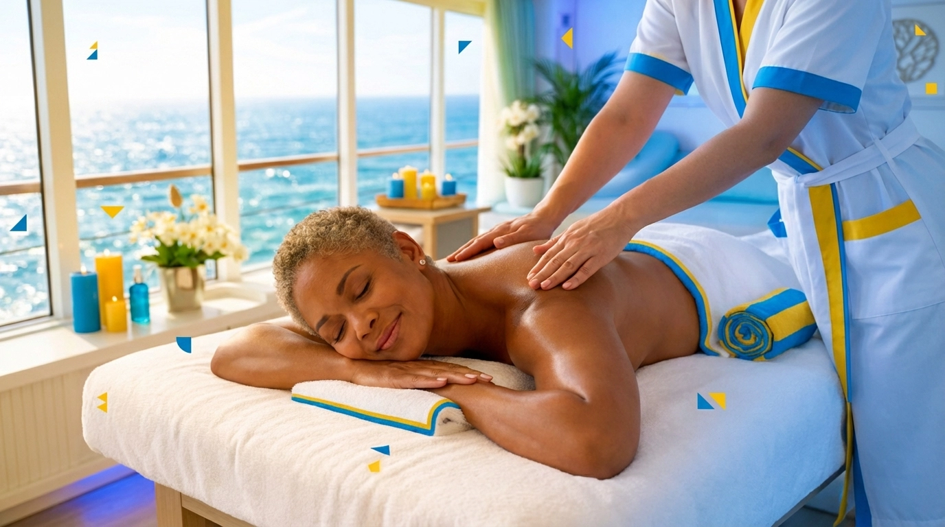 Mature woman receives a relaxing massage in a cruise ship spa, highlighting rejuvenation for busy women travelers