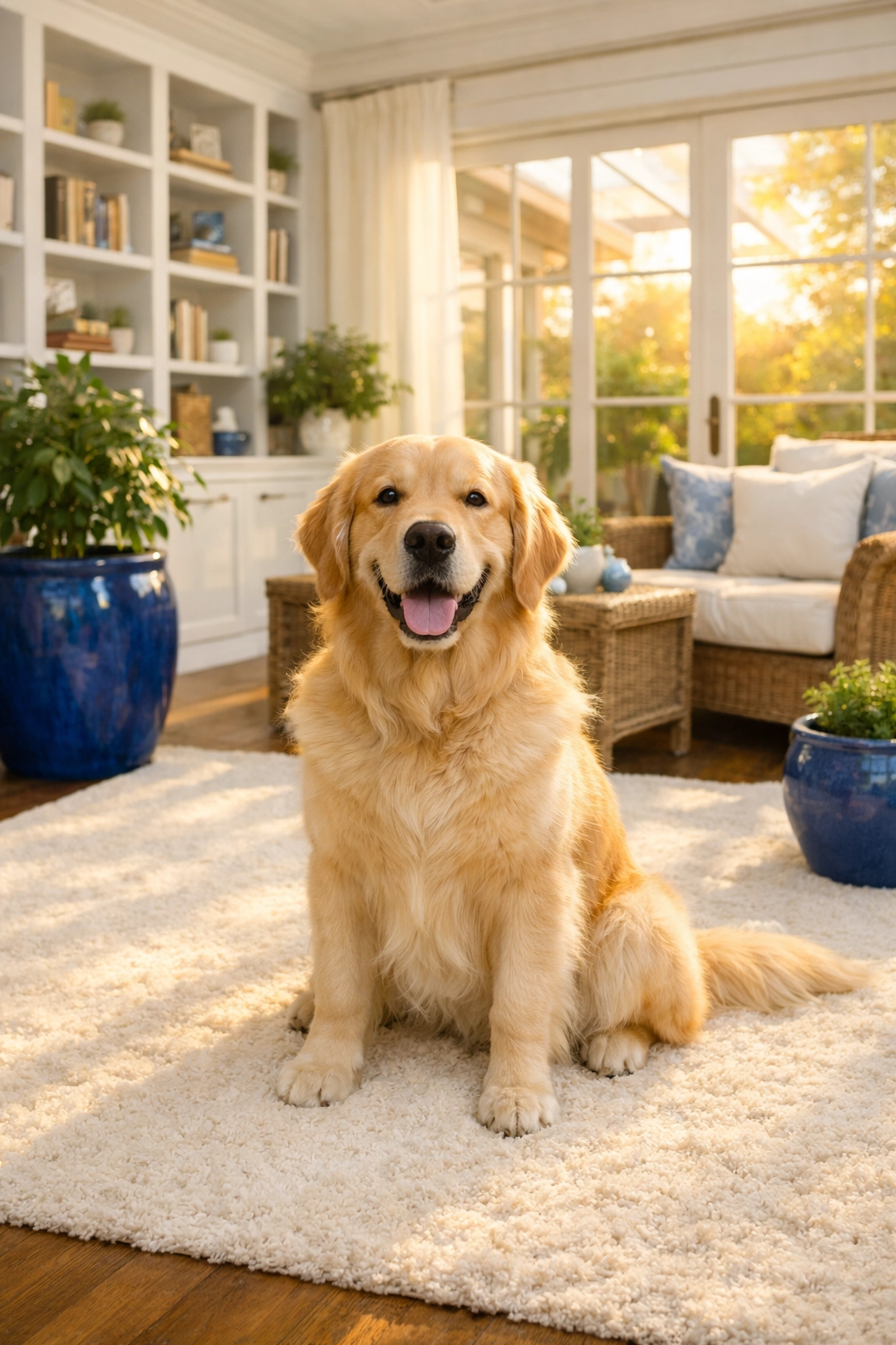 A happy dog on a deep-cleaned rug, showing the results of pet-friendly House Cleaning Pepperell MA services.