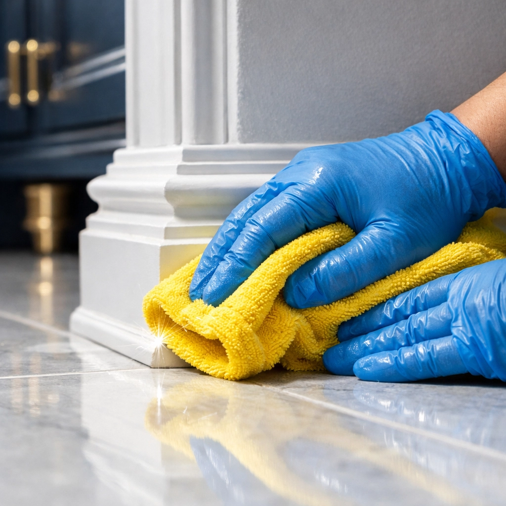 Professional house cleaning Massachusetts specialist scrubbing kitchen baseboards for a thorough deep clean.