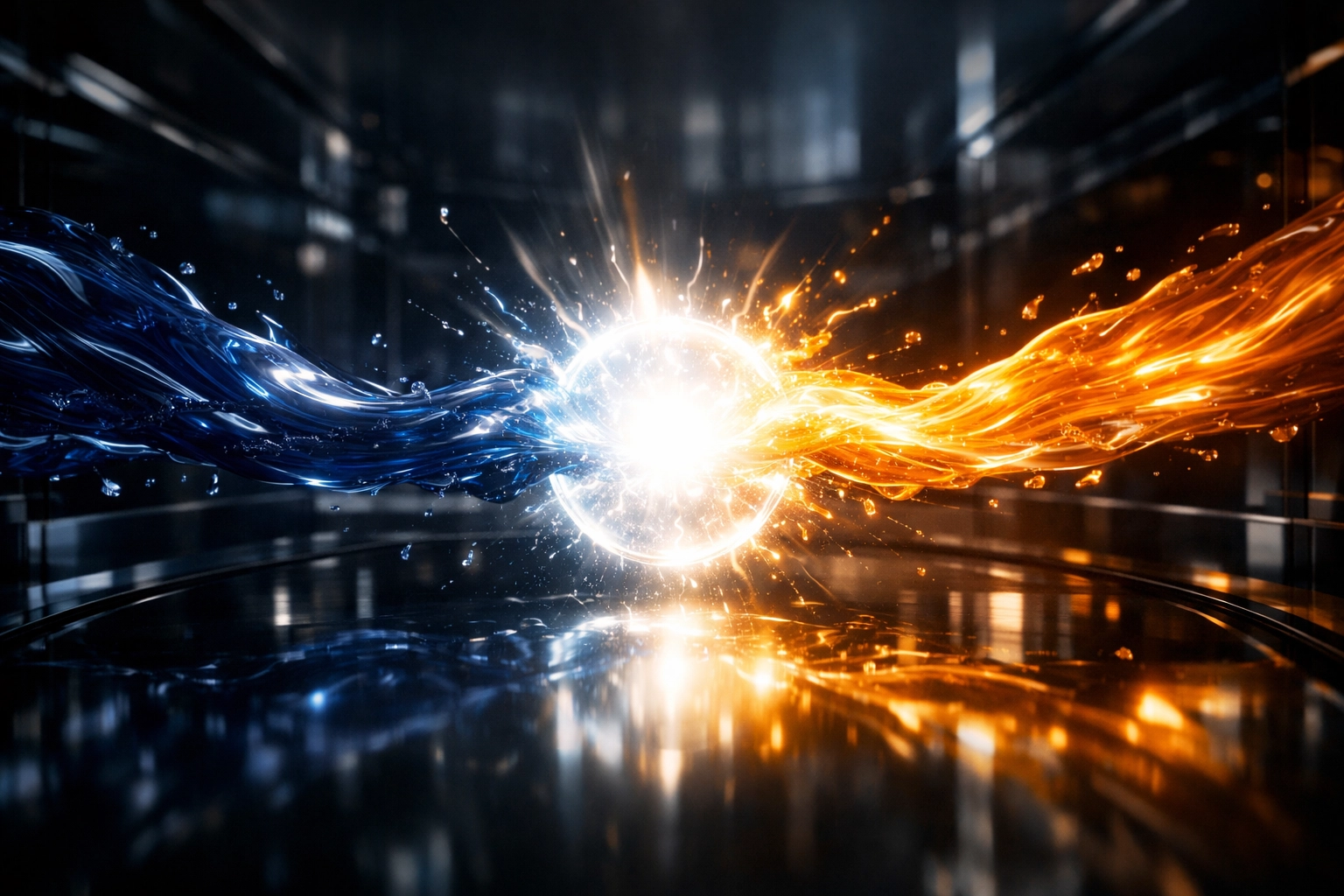 Streams of AI customer service and marketing data merging into a unified intelligence hub for business synergy.