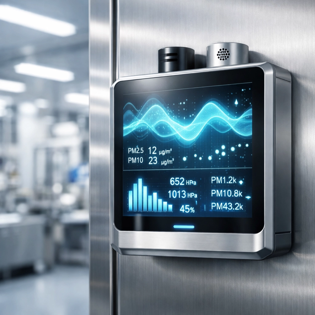Digital clean room monitoring sensor displaying real-time atmospheric controls and particulate data.