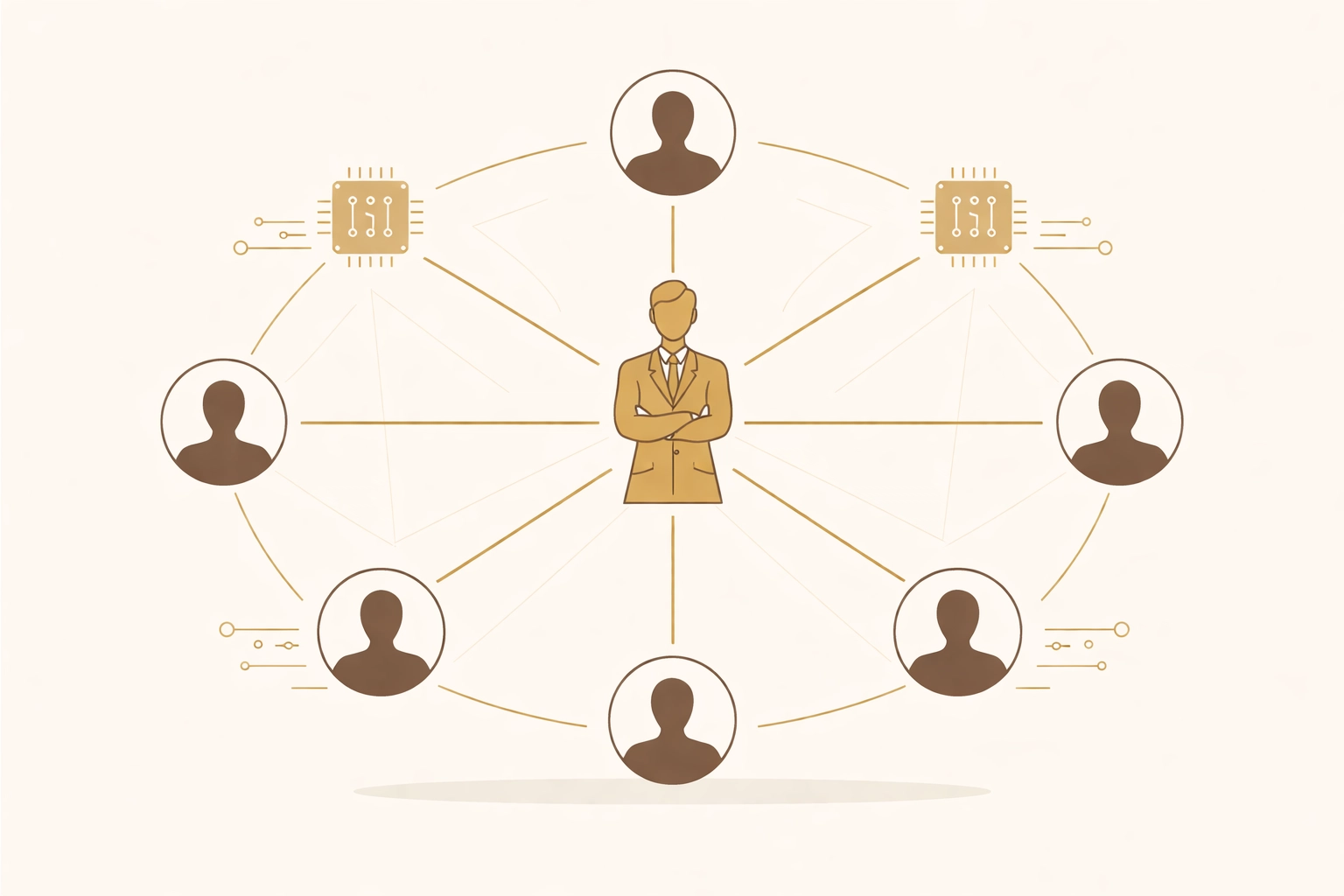 A business leader at the center of a structured team hub illustrates restored clarity and strong leadership over AI-driven sales processes.