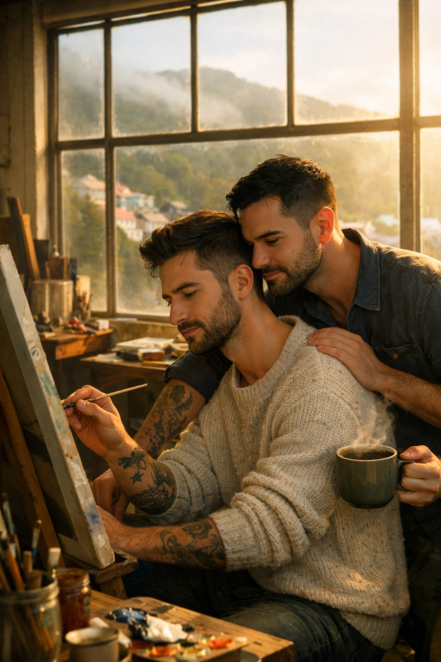 Two creative gay men in a Wellington artist studio, reflecting the artistic slow burn trope in MM romance books.