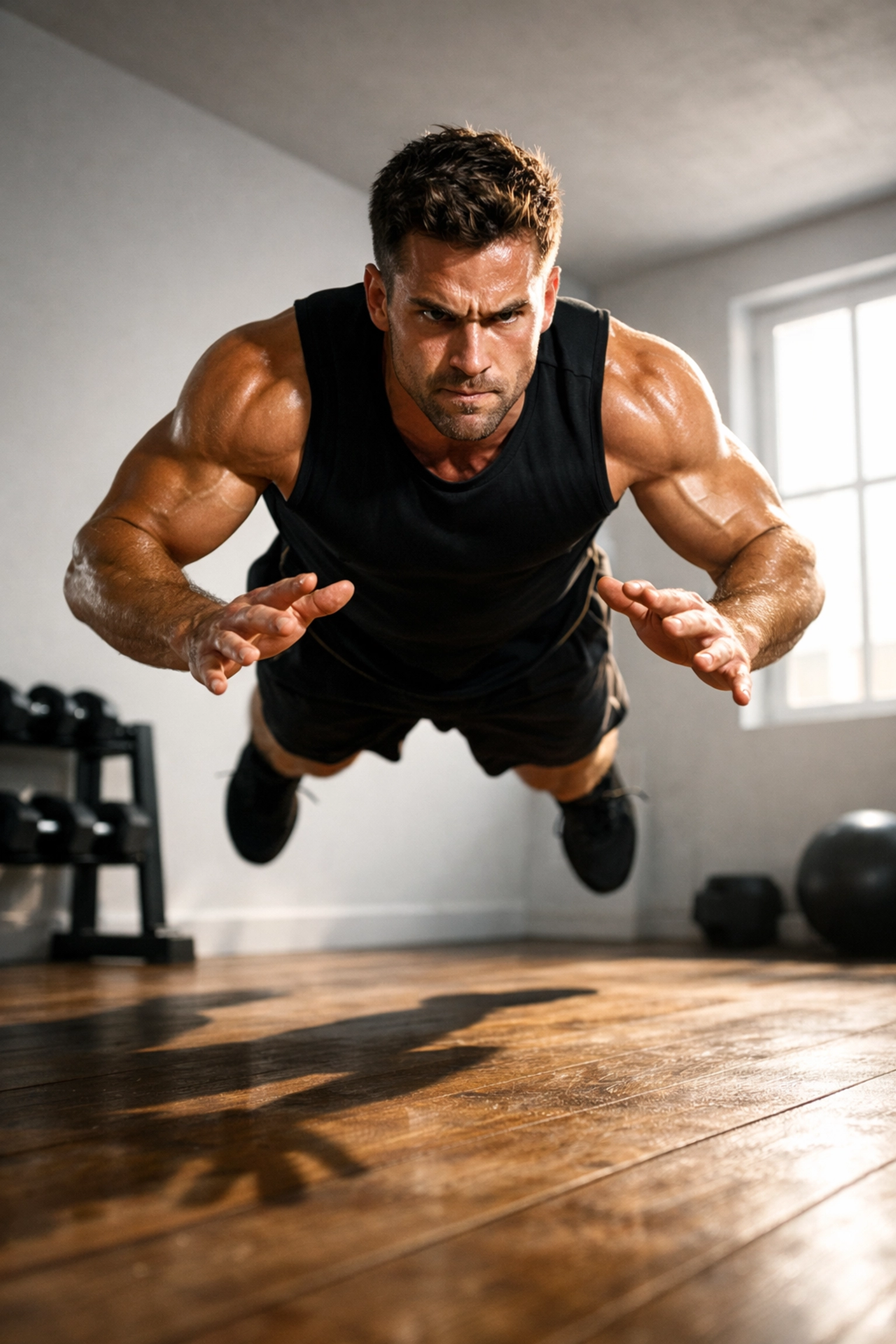 Explosive plyometric push-up demonstrating advanced bodyweight training at home