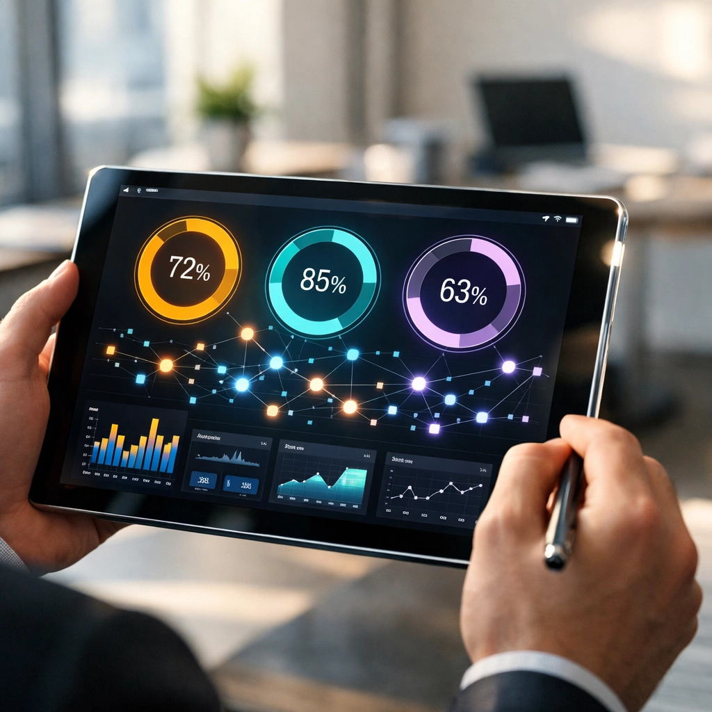 Professional holding a tablet displaying a talent analytics dashboard for strategic workforce planning.