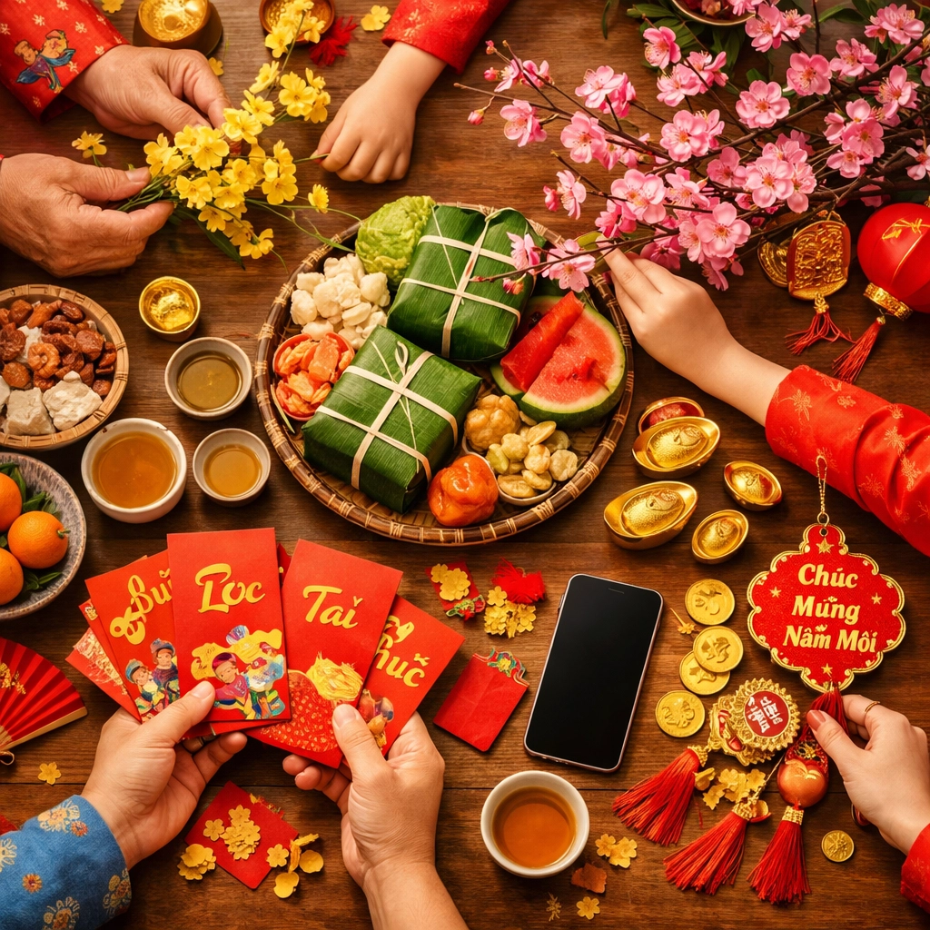 Vietnamese family preparing traditional Tet celebration with red and gold decorations and lucky envelopes