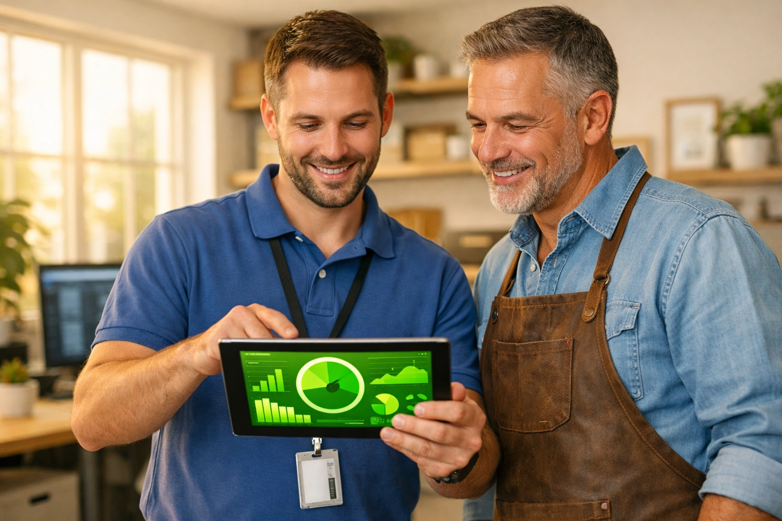 IT support professional and Vacaville business owner reviewing proactive managed IT services on a tablet.