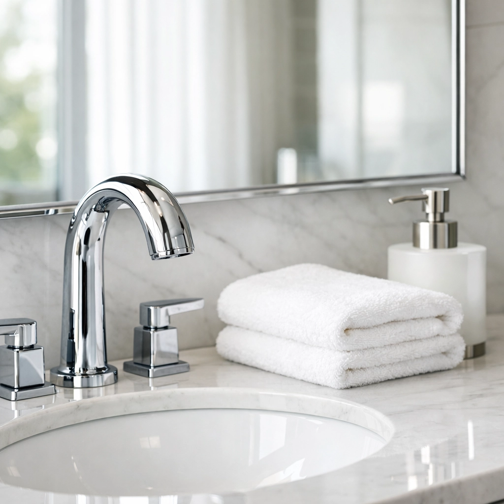 Sparkling bathroom vanity with marble counters demonstrating professional move-out cleaning standards for new residents.