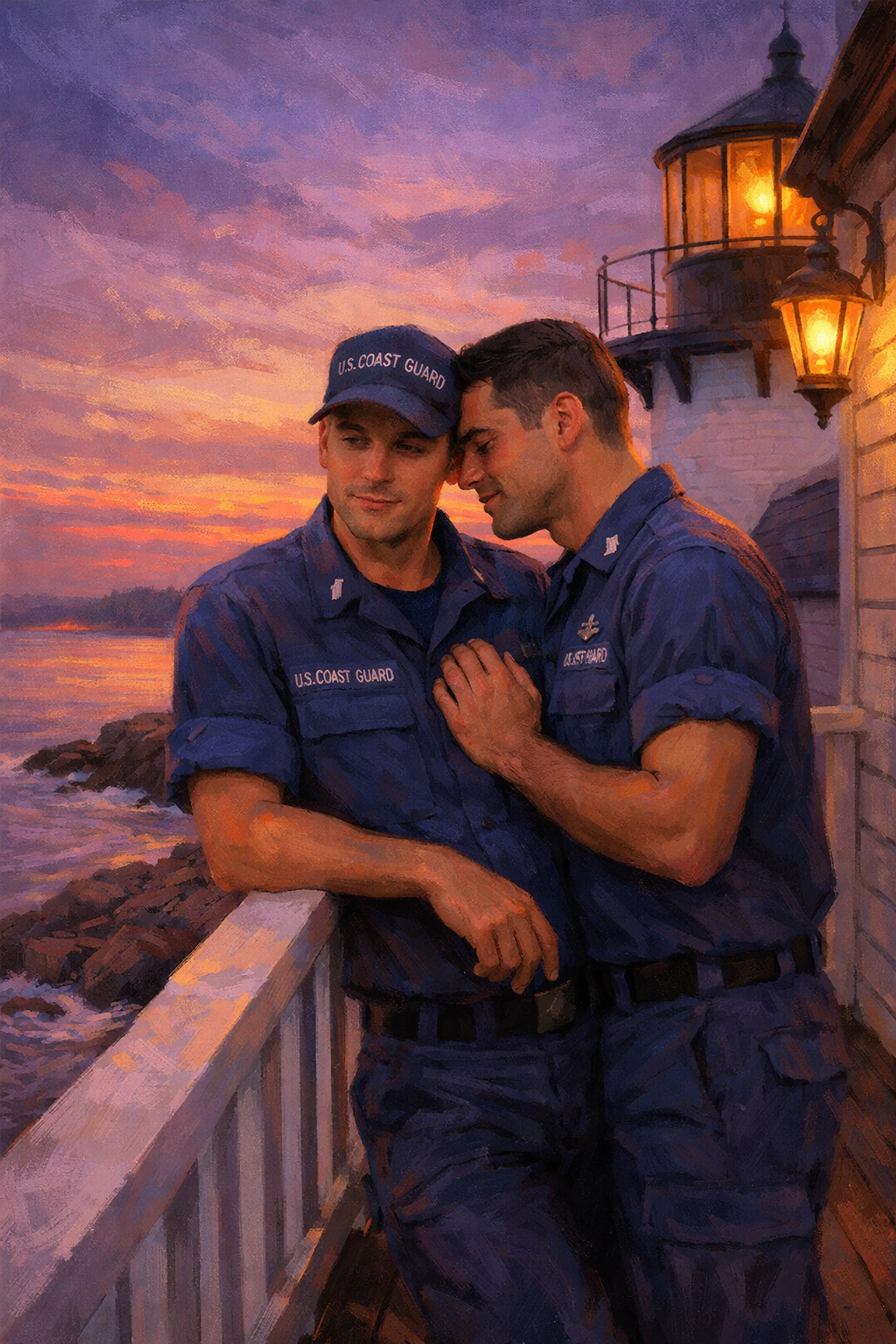 Gay Coast Guard couple at lighthouse station overlooking rocky coastline at dusk