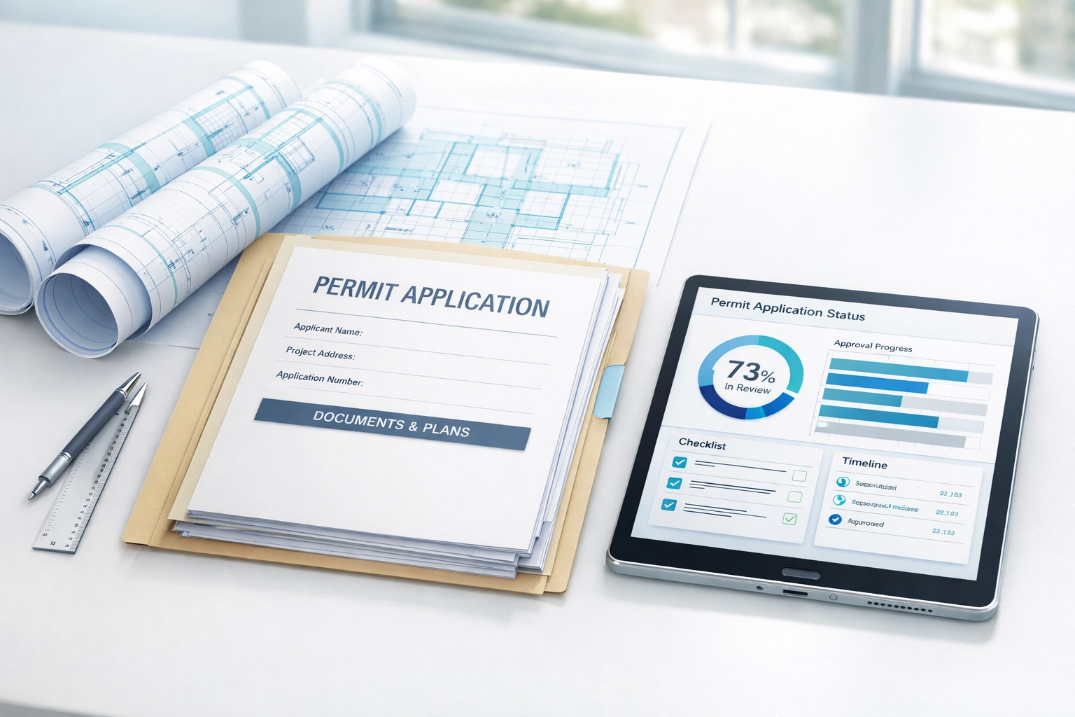Professional Florida building permit application packet and architectural blueprints on an organized desk.