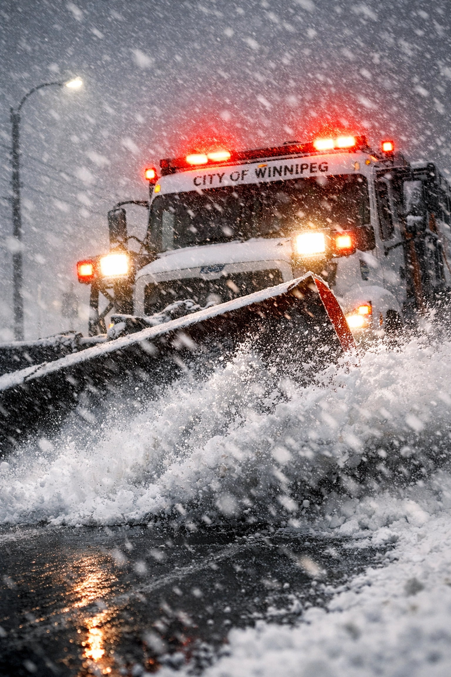 Winnipeg snow plow clearing a primary route during a major February winter storm.