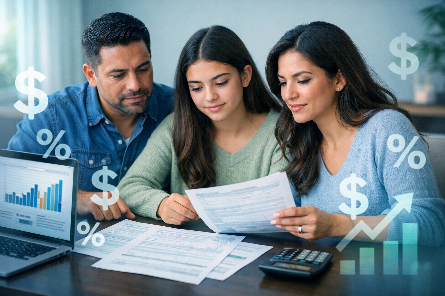 Familia hispana revisando impuestos y documentos fiscales con ley OBBB en Lake Worth Florida