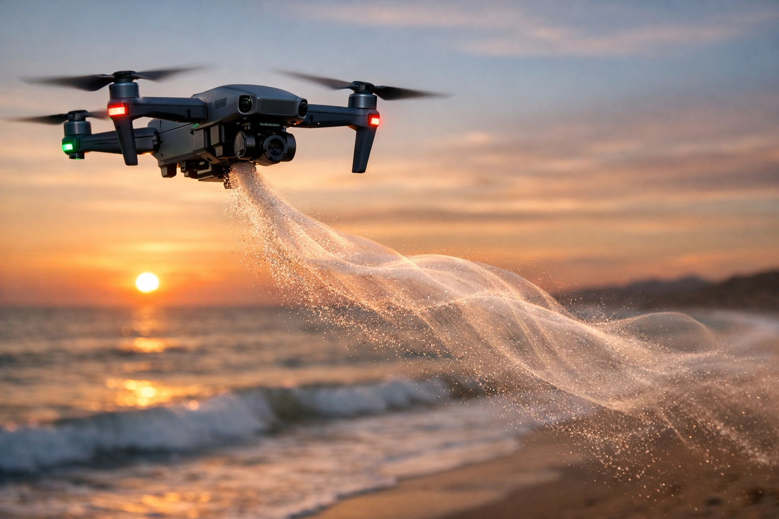 A professional drone scattering ashes in a graceful stream over the coast during a peaceful sunset.