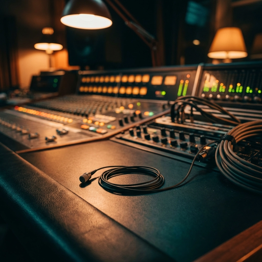 Close-up of high-quality audio recording equipment in a studio, highlighting sound design for videos