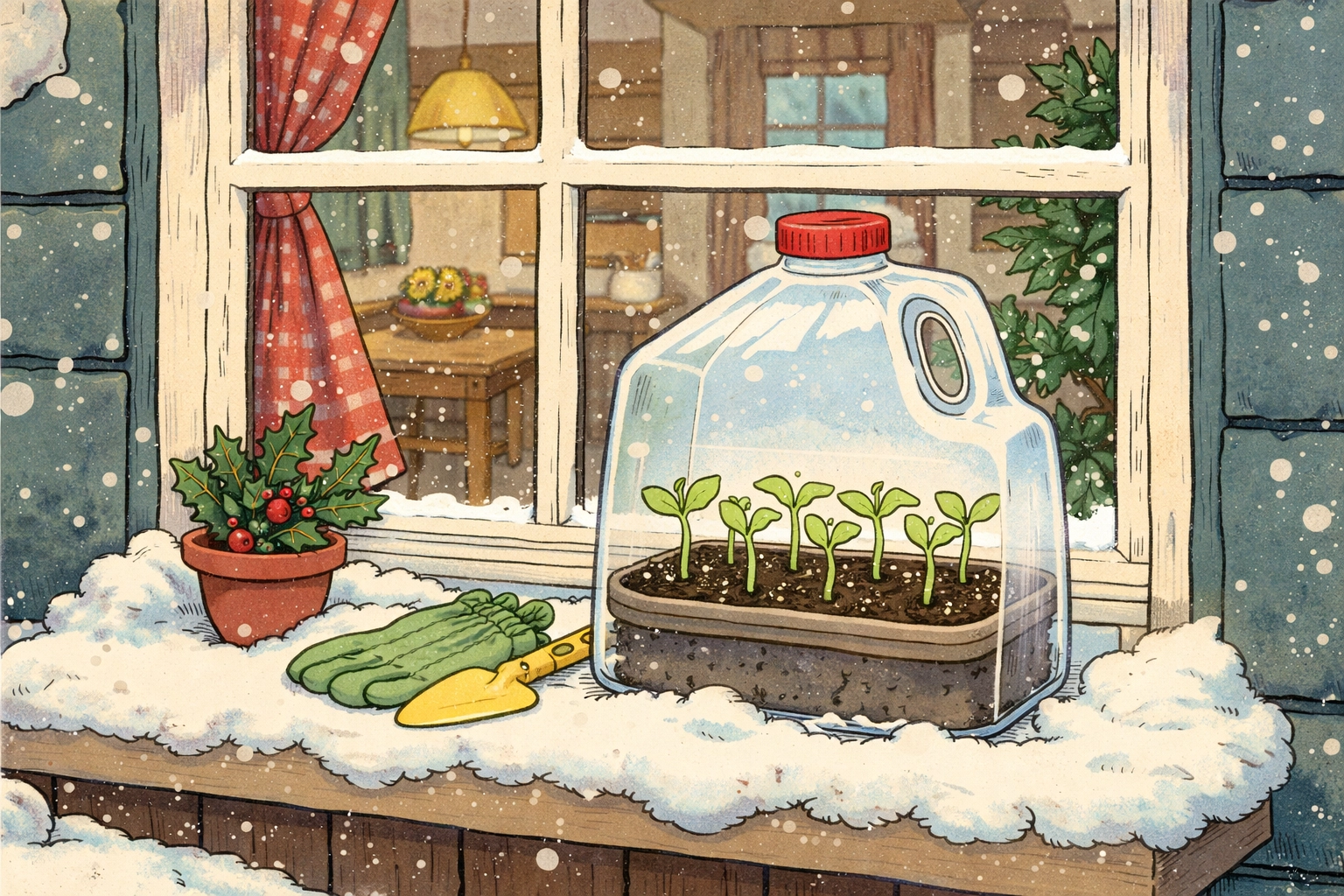 A milk jug greenhouse with green seedlings on a snowy farmhouse windowsill, highlighting seed resilience and outdoor winter sowing success.