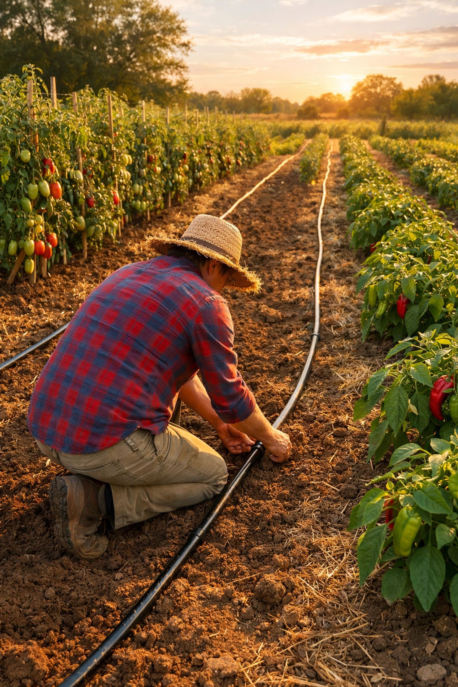 Installing drip irrigation system between rows of tomato and pepper plants in vegetable garden