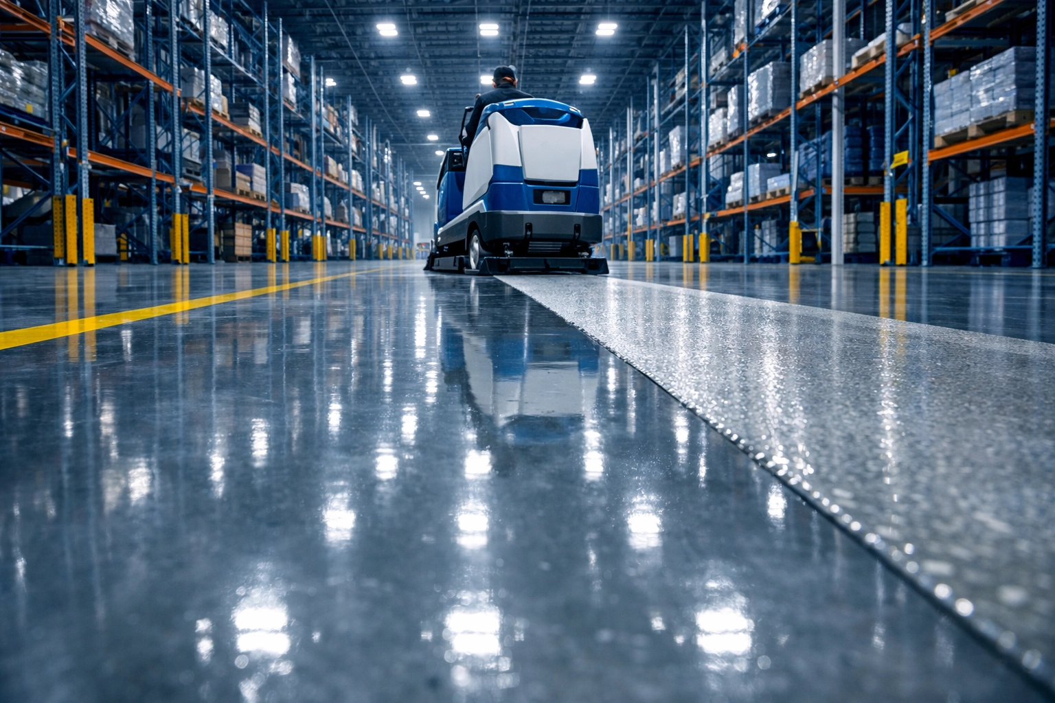 Professional industrial floor scrubber cleaning a polished warehouse floor in a distribution center.