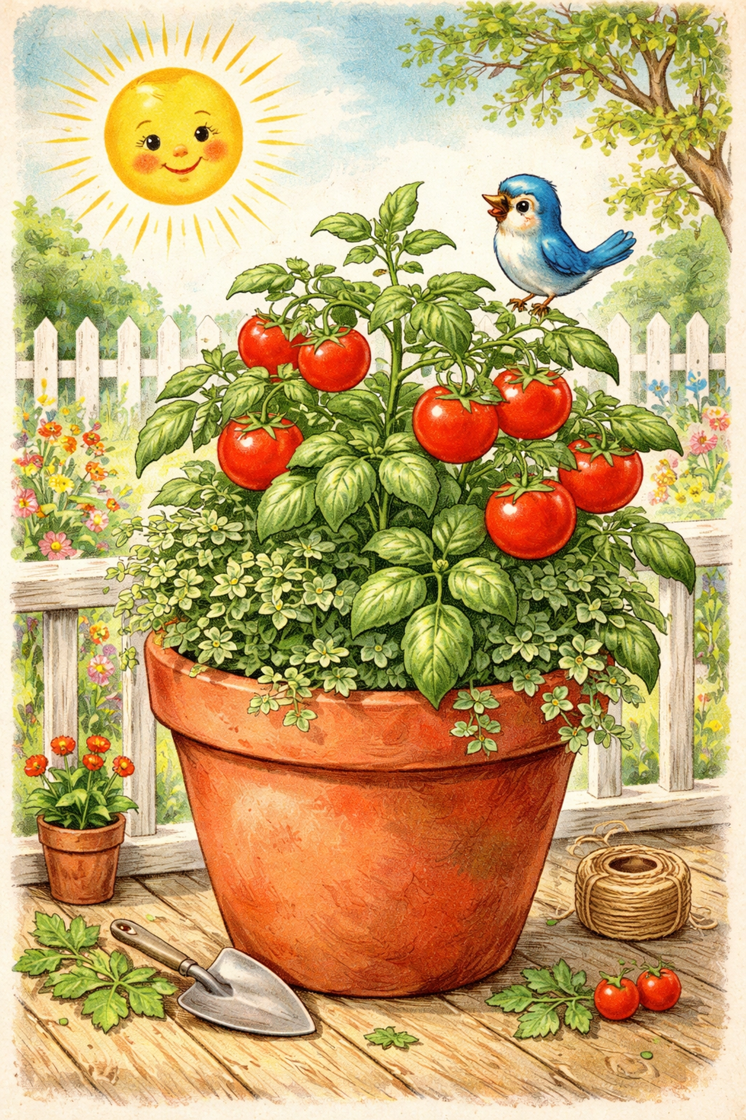Vintage illustration of a family-friendly pizza garden in a large terracotta pot with tomatoes, basil, and oregano on a porch
