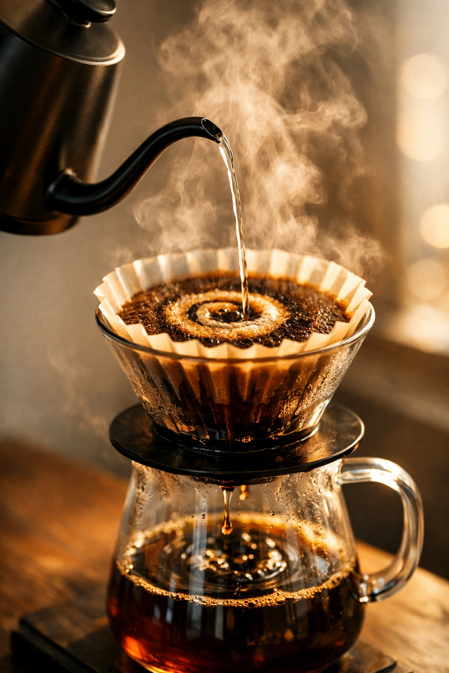 Pour-over coffee brewing with hot water creating bloom in fresh grounds