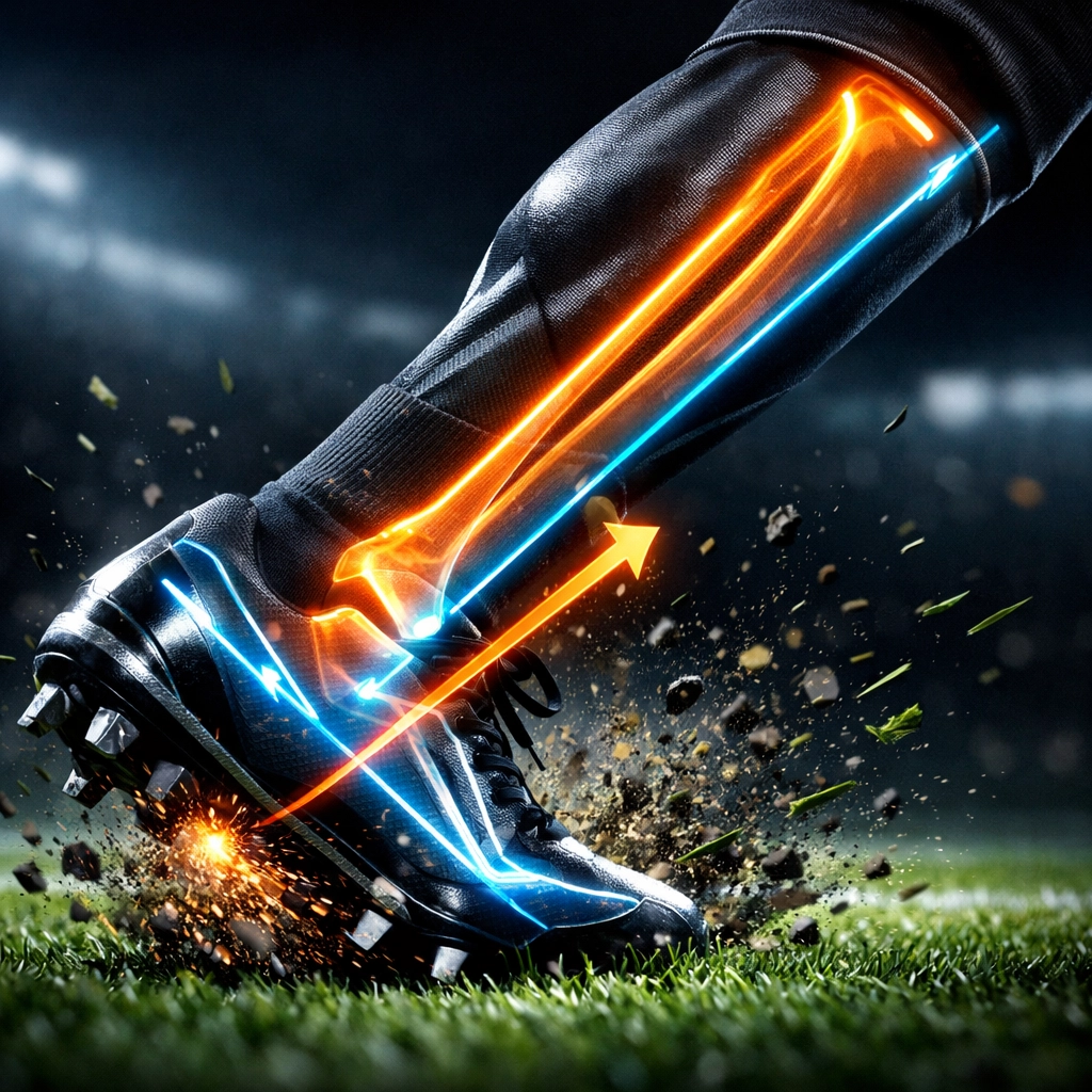Football athlete's cleat planting on turf showing the optimal shin angle for an elite change of direction.