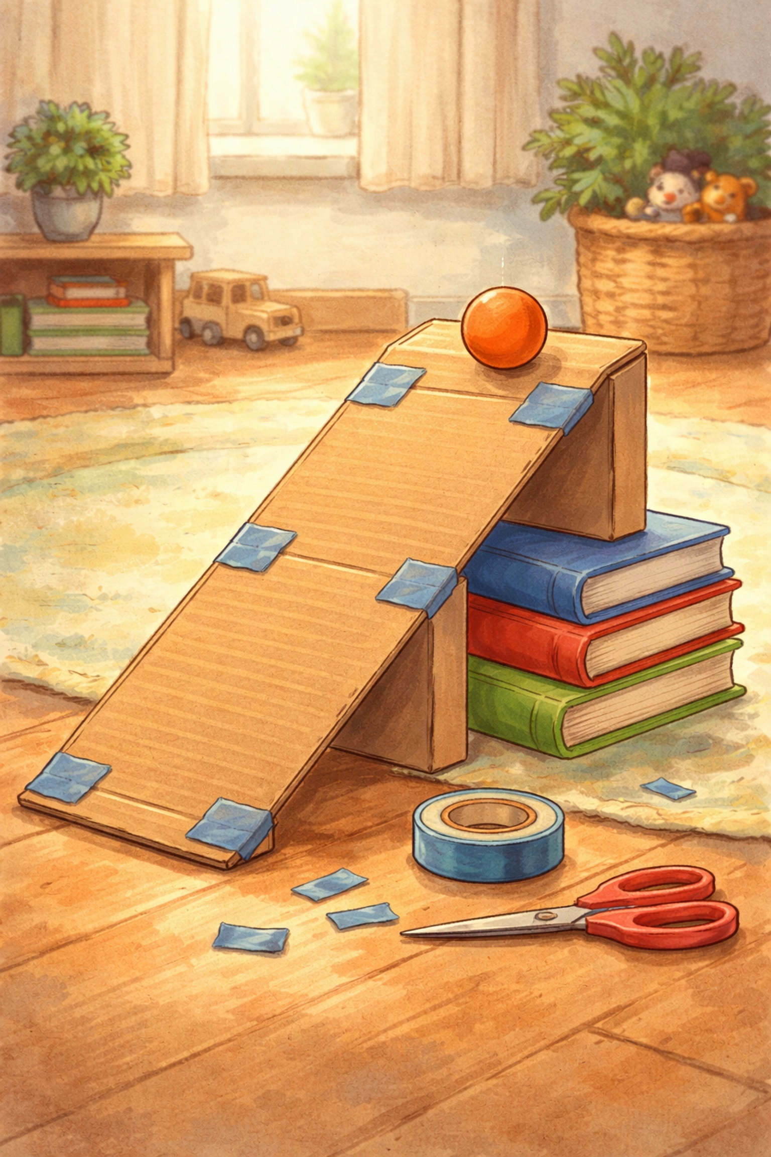 Cardboard ramp for kids propped on books with an orange bouncy ball ready to roll at home