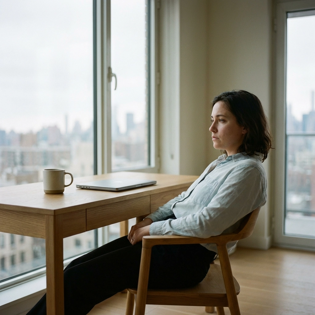 Young professional at a minimalist desk staring out a window, reflecting on success and identity crisis help.