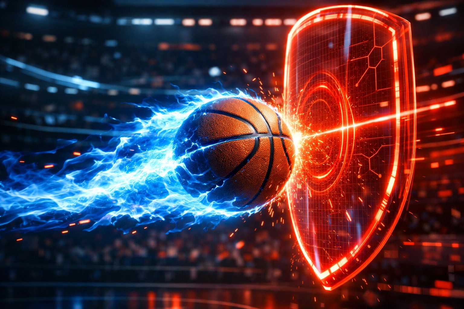 Flaming basketball hitting a glowing barrier representing the Atlanta Hawks winning streak and Rockets defense.