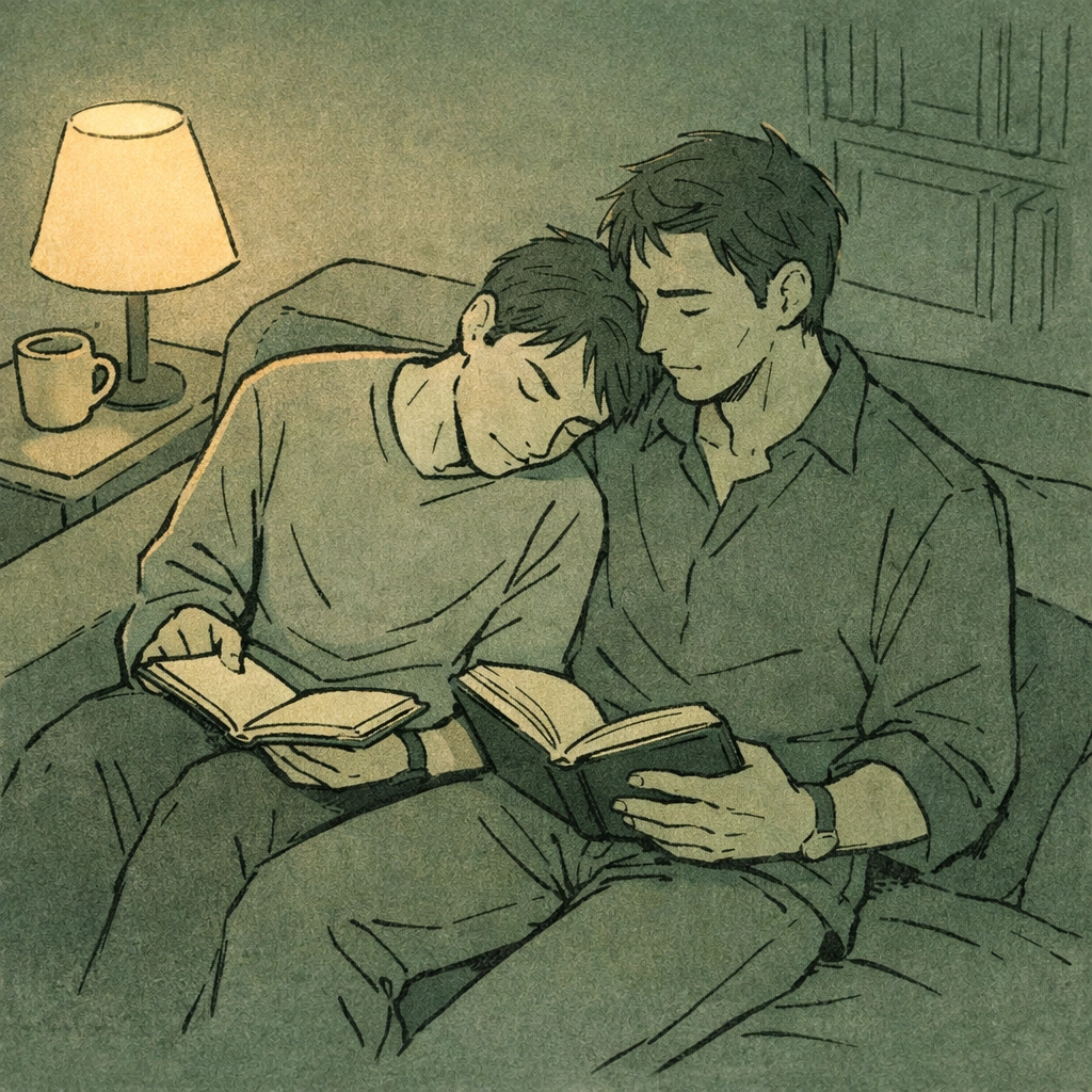 Two men reading together on couch in intimate moment - character-driven MM romance