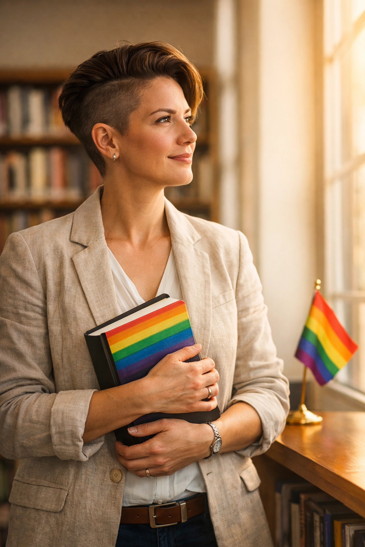 Lesbian educator in a modern library representing queer education leadership and professional growth.