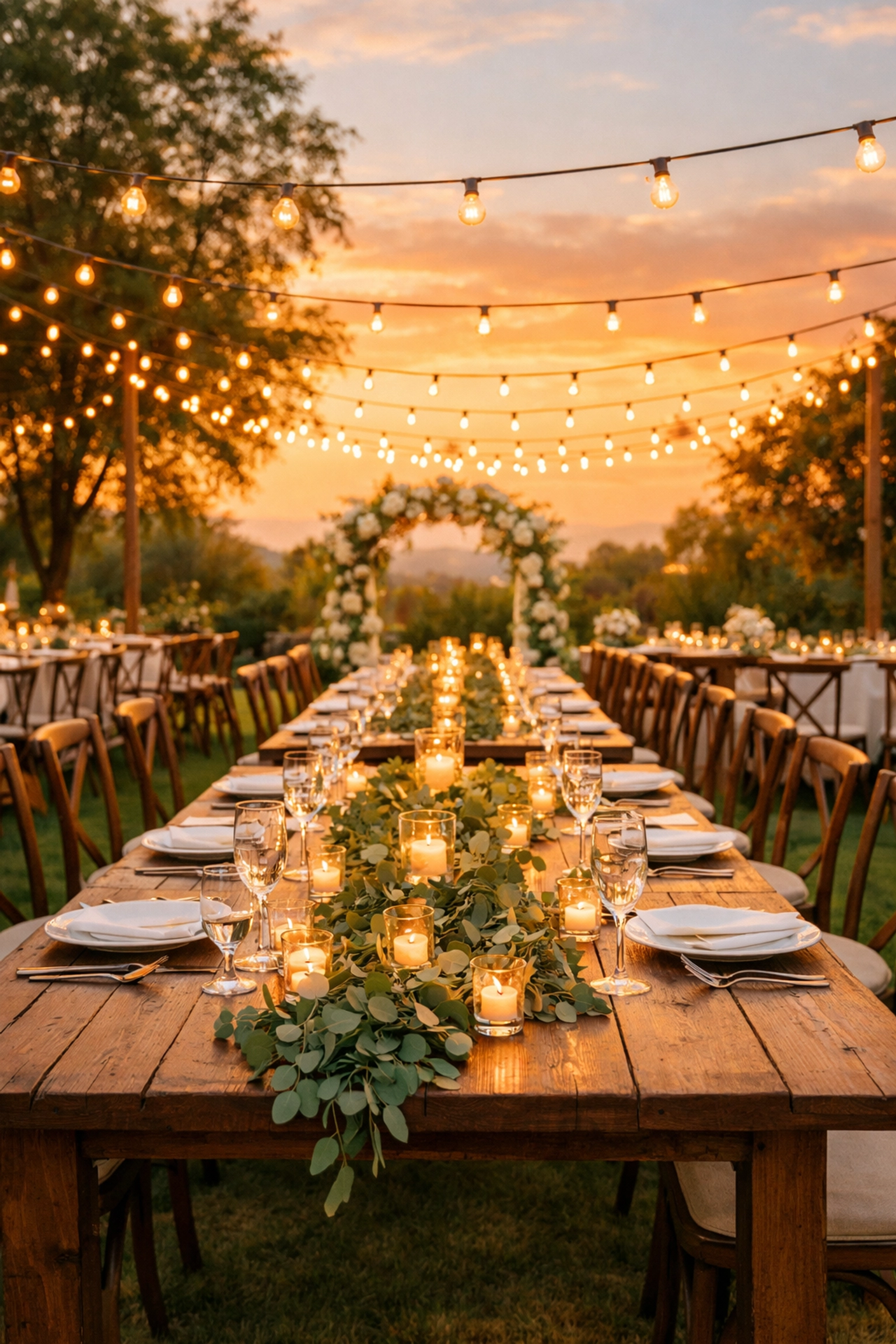 A beautiful outdoor garden wedding reception achieved through debt-free wedding fund planning.