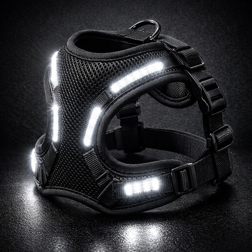 Durable black mesh dog harness featuring integrated high-intensity white LEDs for superior night safety and visibility.