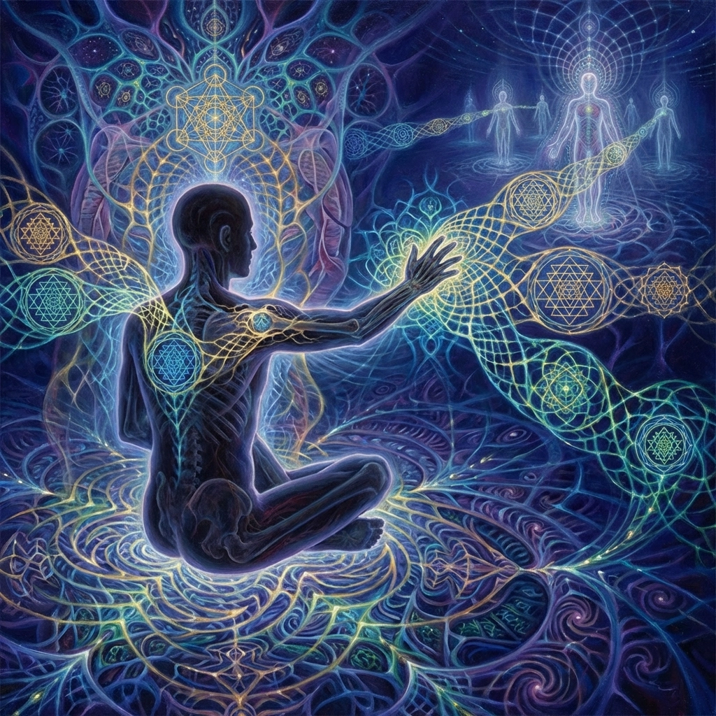 Sacred geometry fractals connecting a person to others for holistic nervous system regulation.