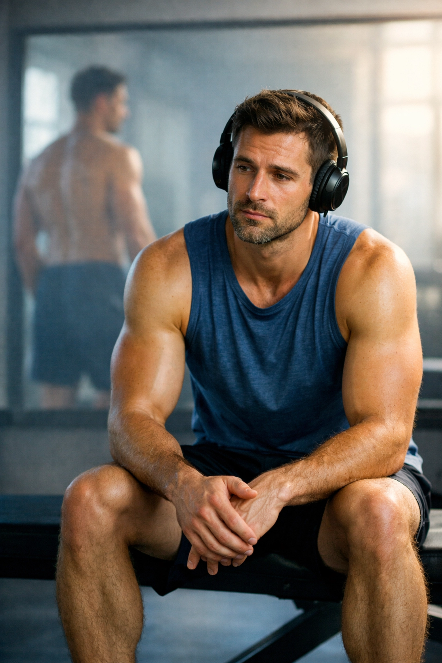 Man in gym looking contemplative with another reflected in mirror - MM romance pining