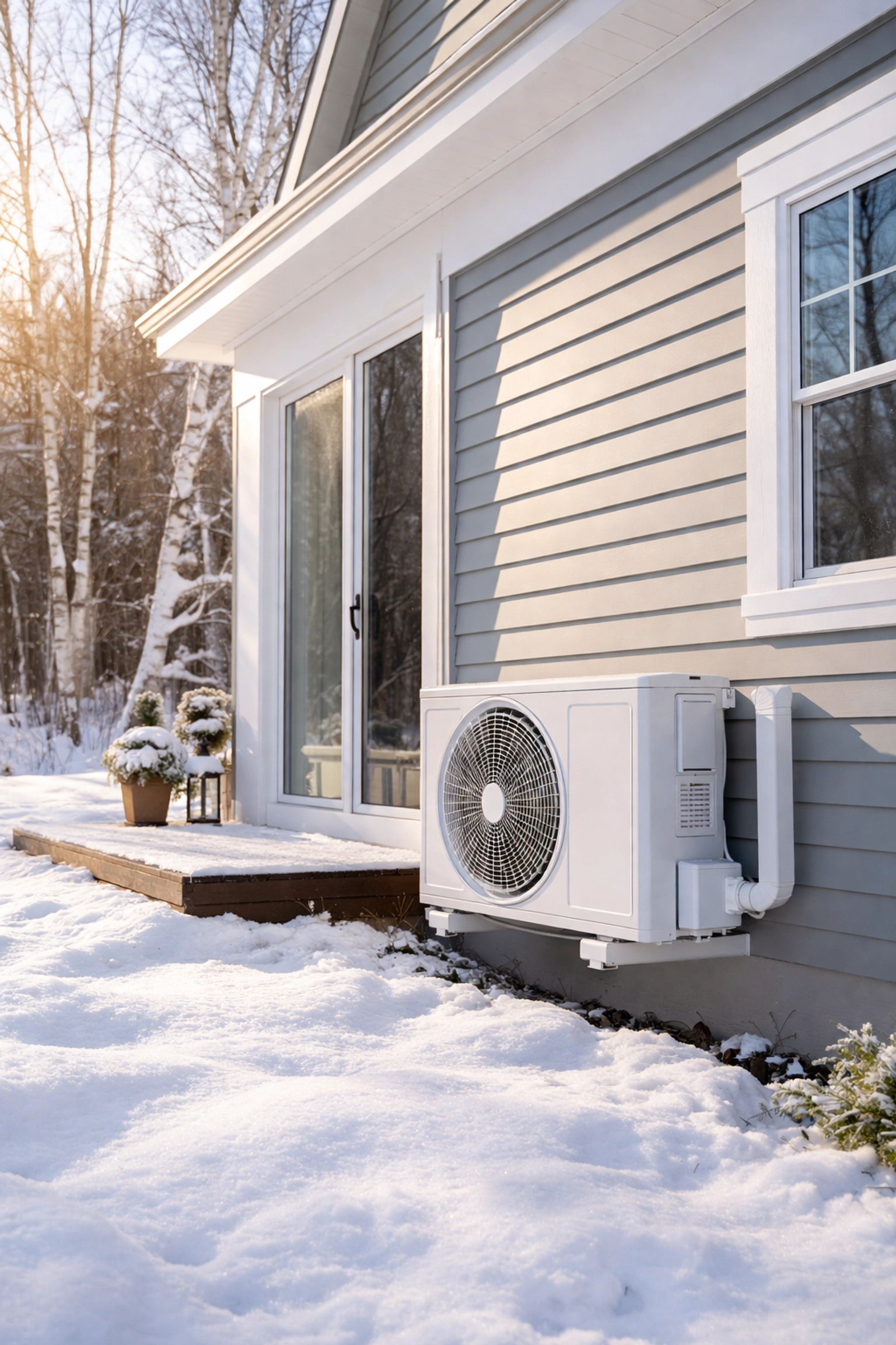 Mini-split heat pump installed on a modern Maine home exterior during winter