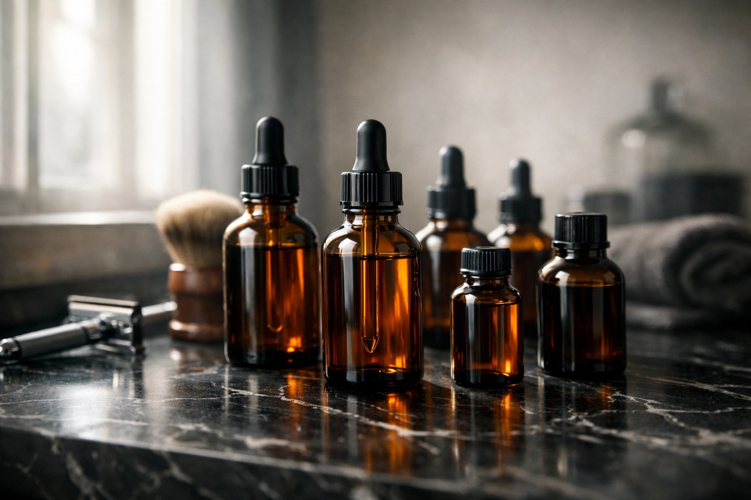 The Bearded Mack signature beard oil collection featuring natural ingredients and artisanal scents.