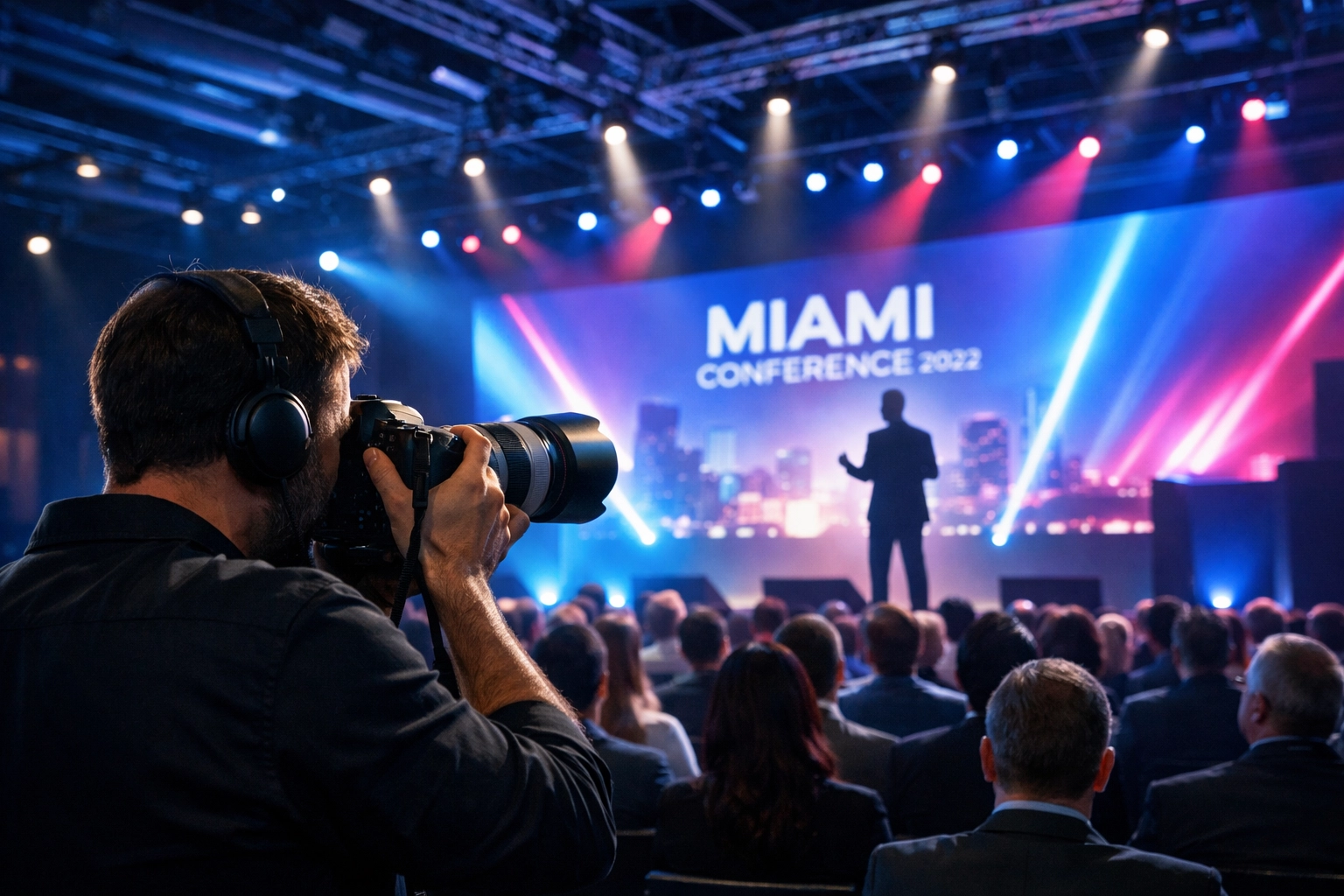 Professional conference photographer Miami capturing a keynote speaker at a high-tech corporate event.