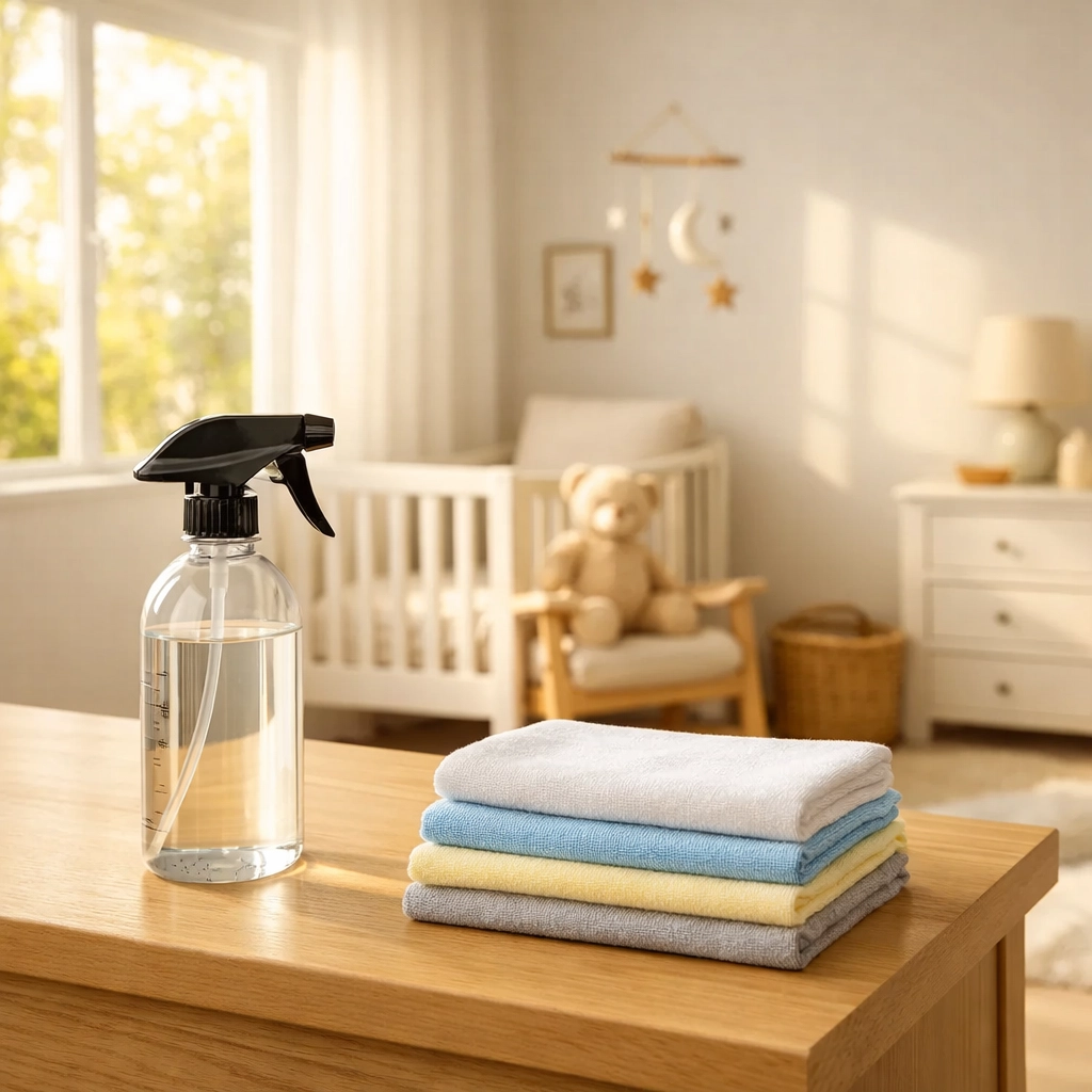 Eco-friendly post-renovation cleaning in a nursery using non-toxic products for safe indoor air quality.