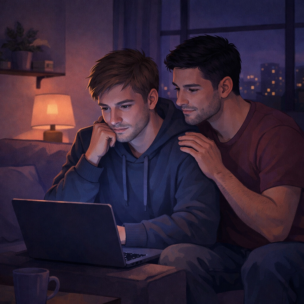 Two gay men offering support during difficult conversation about LGBTQ+ mental health