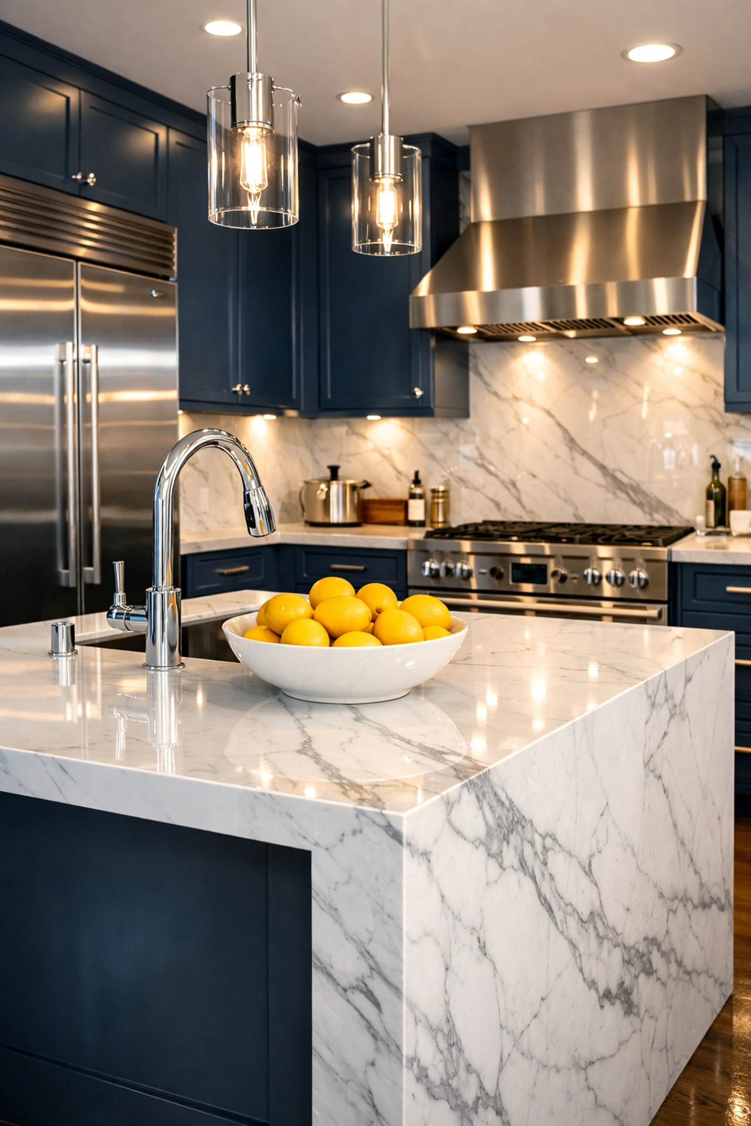 Modern kitchen with marble island after bi-weekly house cleaning in Reading Massachusetts.