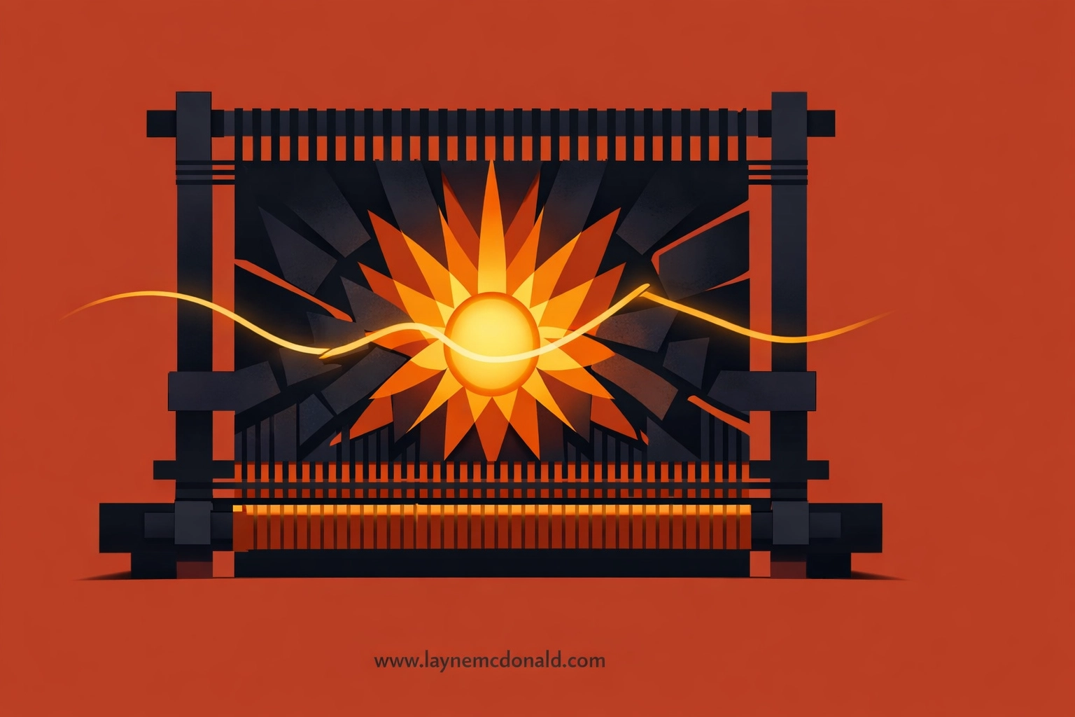 Artistic loom with a golden thread weaving a sunburst, representing spiritual allegories and faith stories.