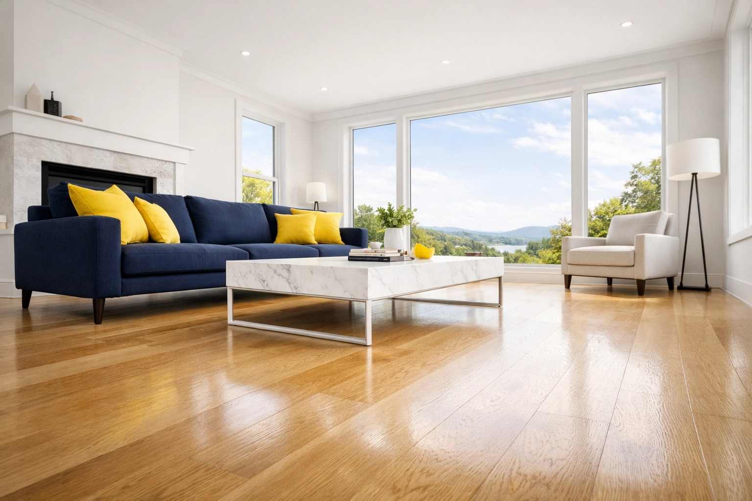 Pristine living room in a Massachusetts home after a professional deep cleaning service.