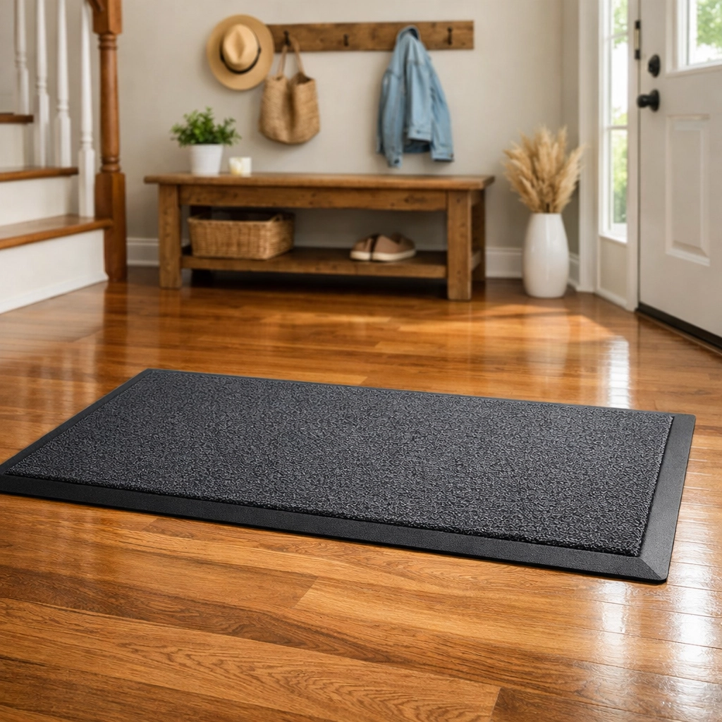 A low-profile non-slip entryway mat and wooden bench in a bright foyer to prevent trips and falls.