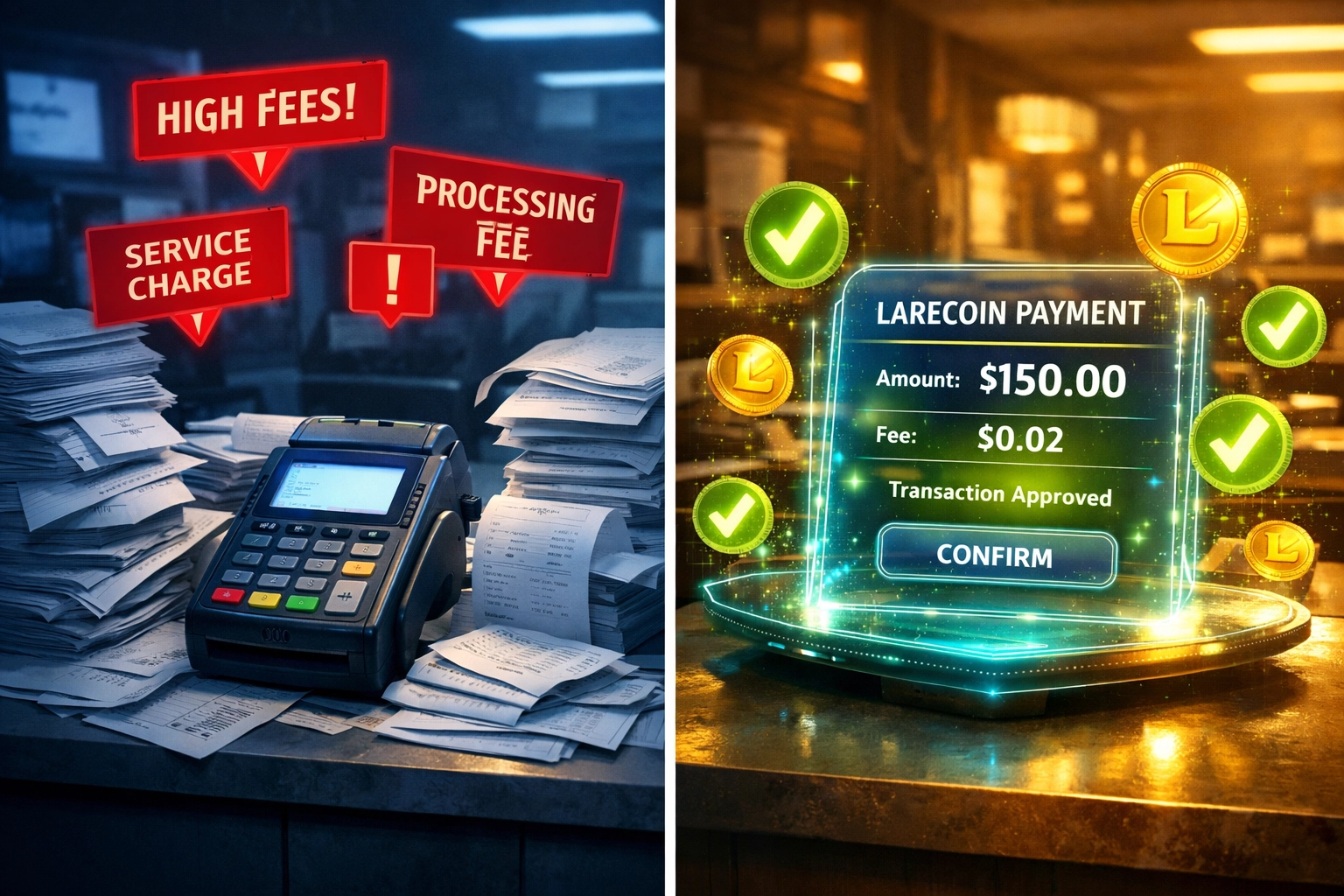 Traditional payment terminal with high fees versus Web3 blockchain payment system cost savings