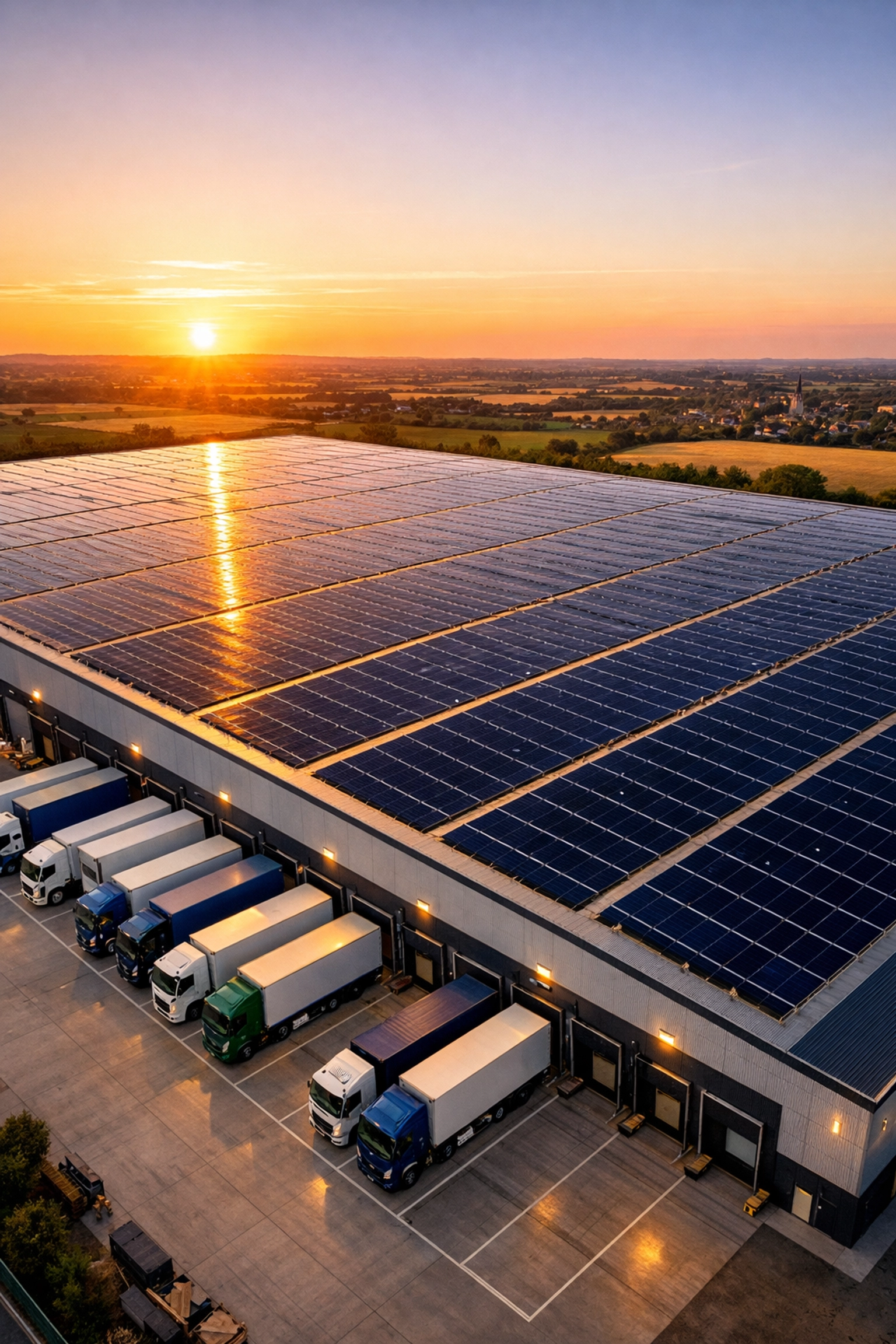 Modern UK warehouse roof covered in commercial solar panels for business energy savings.