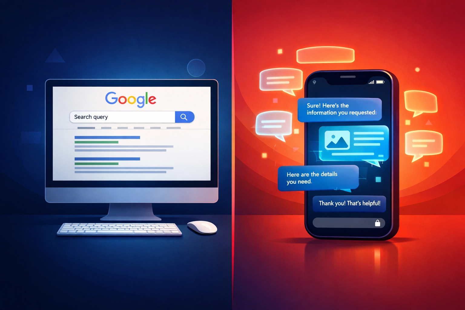 Traditional Google search vs AI chatbot interface showing answer engine evolution