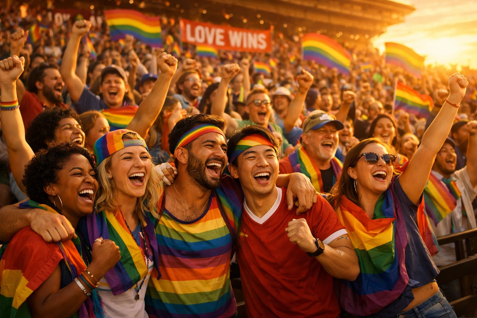 LGBTQ+ sports fans celebrating with pride flags in stadium stands, showing community unity